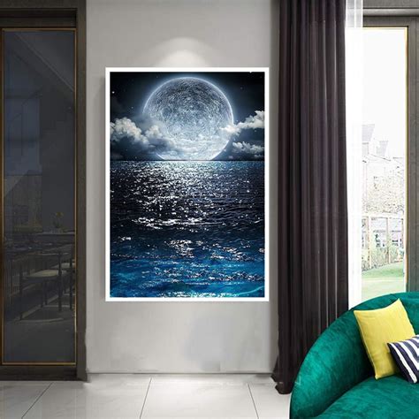 Huge Full Moon Framed Canvas Moon Landscape Wall Art Sea And Moon