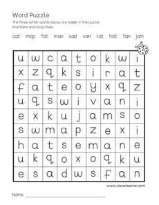 Free three-letter word puzzle worksheets for children