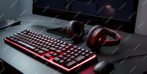 Premium Photo | Gaming keyboard and headset red and black on desk