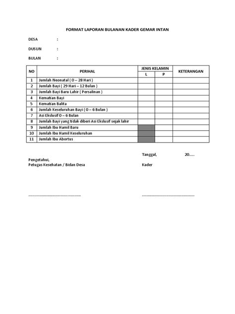 Format Laporan Bulanan Kader Gemar Intan Pdf