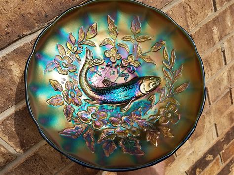 Millersburg Carnival Glass Green Trout And Fly Ics Bowl Etsy