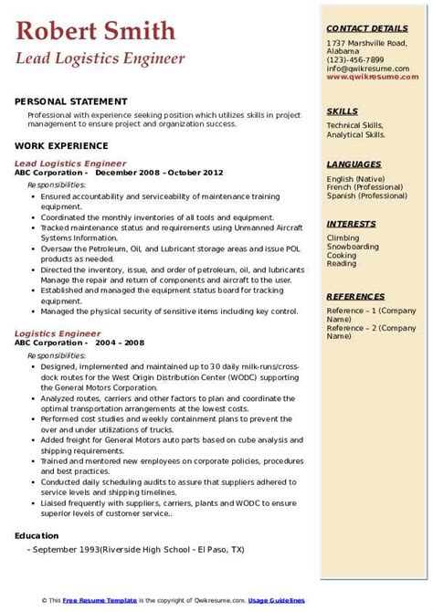 Logistics Engineer Resume Samples Qwikresume