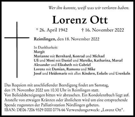 Traueranzeigen Von Lorenz Ott Allg Uer Zeitung