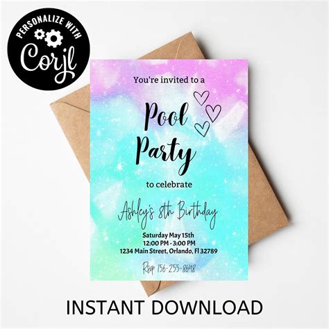 Editable Pool Party Invitation Girly Tie Dye Pool Party Invitation Pool