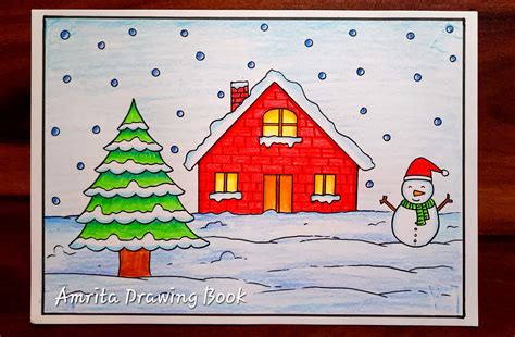 Winter season drawing easy steps snowman scenery drawing winter ...