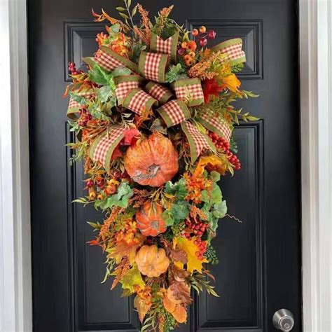 Fall Wreaths For Front Door Artificial Autumn Maples Leaf Pumpkin Berry Wreath For Autumn