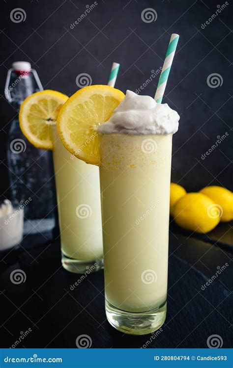 Lemon Italian Cream Sodas Topped With Whipped Cream Stock Photo Image