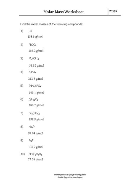 Molar Mass Worksheet 1338 Gmol Pdf Worksheets Library