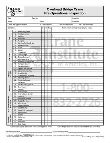 Pre Operational Checklist Overhead Bridge Crane Crane Institute Of