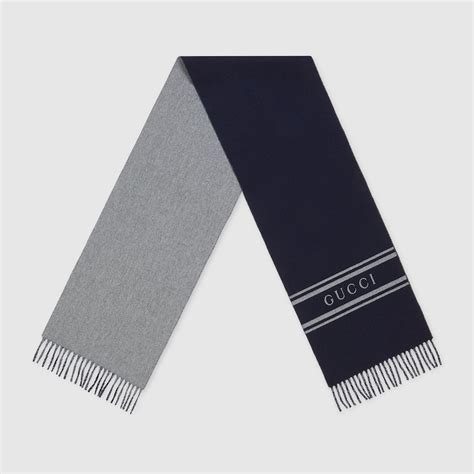 Wool Cashmere Scarf With Gucci Logo In Navy And Grey Gucci® Uk