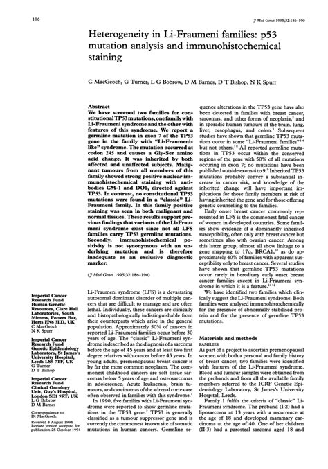 Pdf Heterogeneity In Li Fraumeni Families P Mutation Analysis And