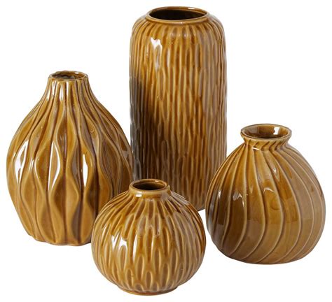 4 Piece Ochre Porcelain Table Vase Set 7 1 2 L X 3 1 2 W X 3 1 2 H Inches Contemporary