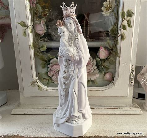 Crowned Madonna And Child Statue Shabby Pink And White Virgin Mary W