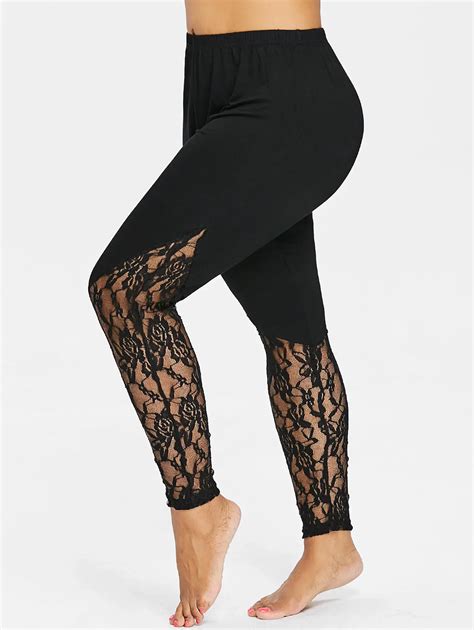 Kenancy Plus Size Women Sheer Ploral Lace Trim Leggings High Waist