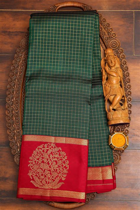 Bottle Green Zari Saree Woven Kanchipuram Silk Half Fine Zari Saree