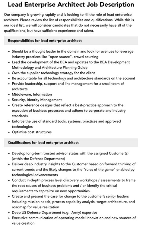 Lead Enterprise Architect Job Description Velvet Jobs