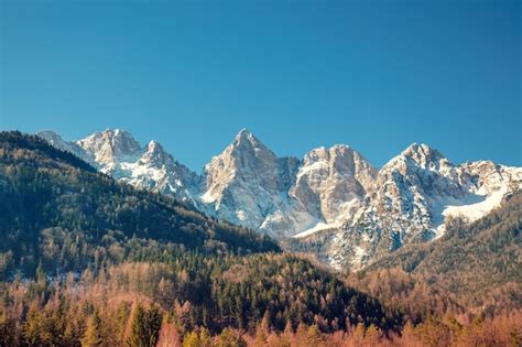 Vista Dos Alpes Em Kranjska Gora Em Um Dia Ensolarado Os Topos Das