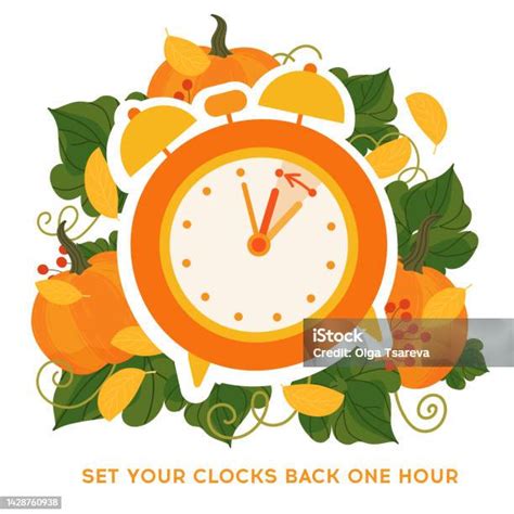 Fall Back Time Concept Banner Clock On The Fall Background With