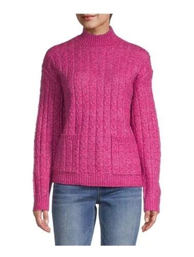 St John S Bay Fuschia Pink Mock Neck Cable Knit Soft Sweater Pockets