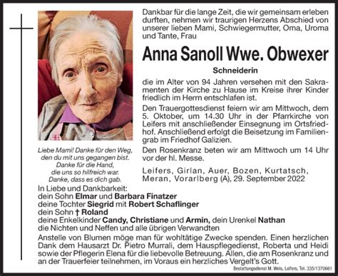 Traueranzeigen Von Anna Obwexer Trauer Bz