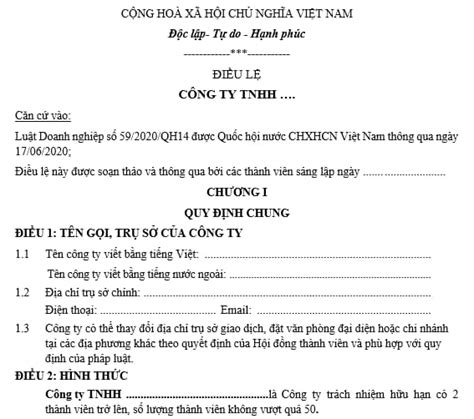 Mẫu điều lệ công ty TNHH hai thành viên trở lên mới nhất năm 2023