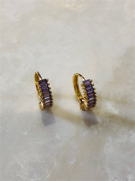 Amethyst Earringscz Small Hoopsgemstone Hoops Earringsgold Etsy