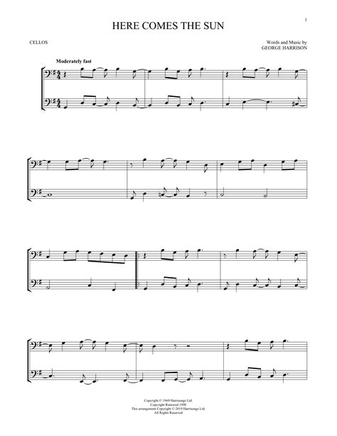 Here Comes The Sun Cello Duet Print Sheet Music Now