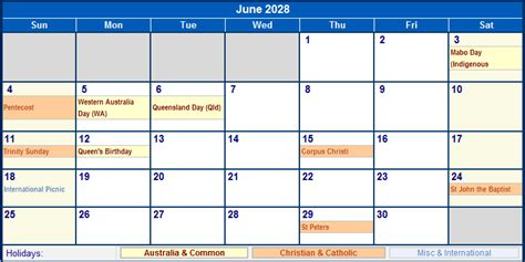 June 2028 Australia Calendar with Holidays for printing (image format)