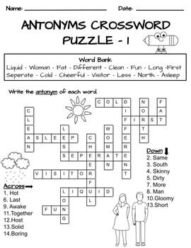 Antonyms Crossword Puzzle Freebie By It S All For Teachers Tpt