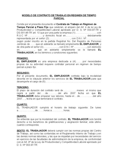 Contrato A Tiempo Parcial Modelo De Contrato De Trabajo En Regimen De