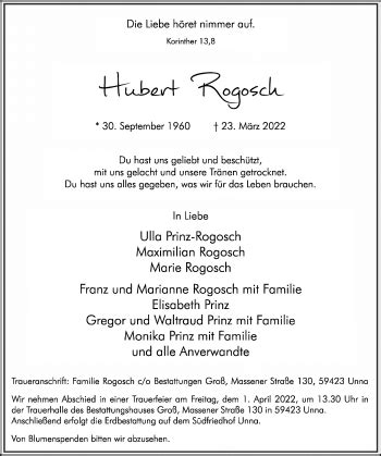 Traueranzeigen Von Hubert Rogosch Sich Erinnern De