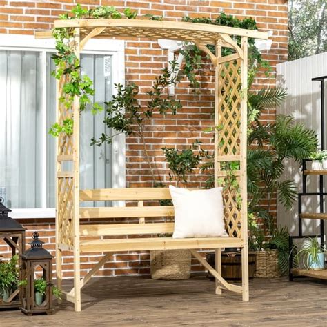 Outsunny Patio Garden Bench Arbor Arch With Pergola And 2 Trellises 3 Seat Natural Wooden