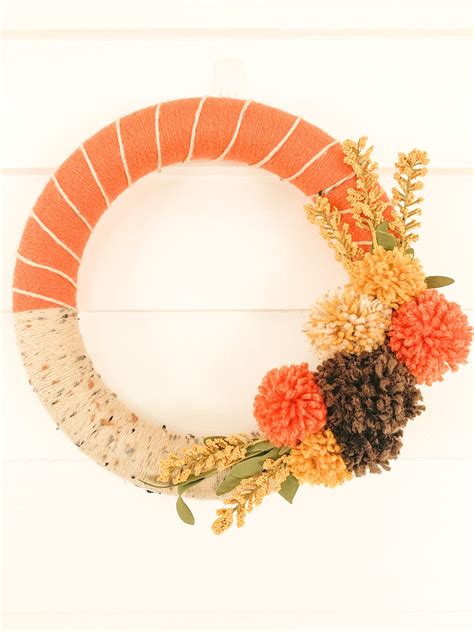 Fall Yarn Wrapped Wreath With Pom Poms Two Tone Pom Pom Wreath