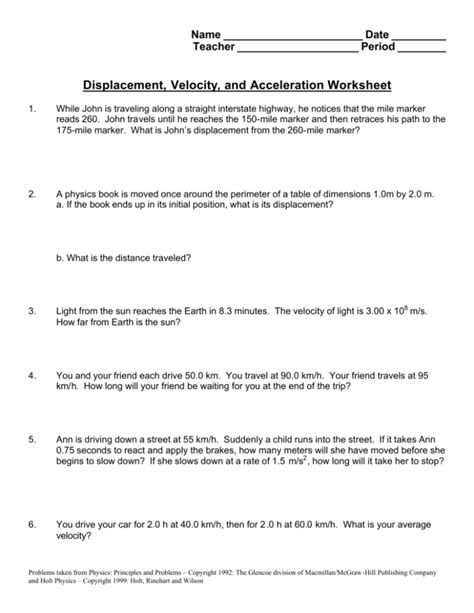 Displacement Velocity And Acceleration Worksheet