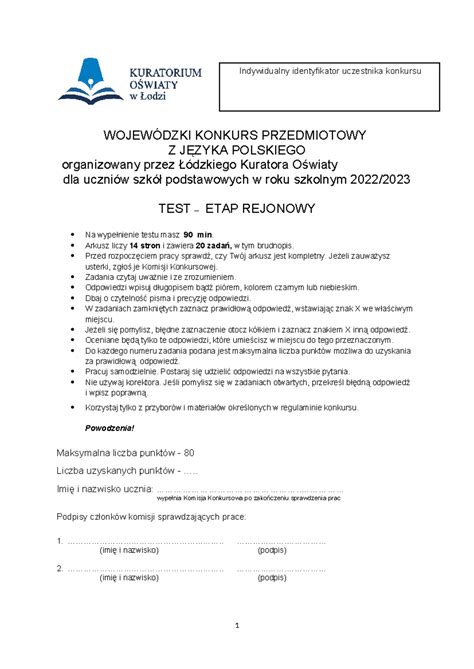 Test wkp z jezyka polskiego etap rejonowy WOJEWÓDZKI KONKURS