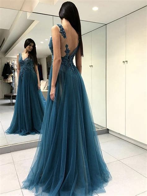 A Line Princess Sleeveless V Neck Floor Length Applique Tulle Dresses