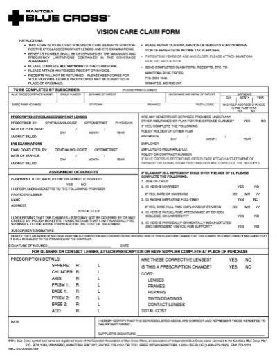 Vision Care Claim Form Manitoba Blue Cross