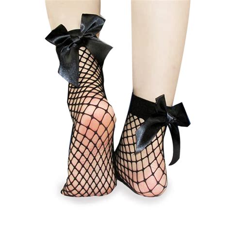 Ecmln Women Socks Black Breathable Bow Knot Fishnet Socks Harajuku Sexy