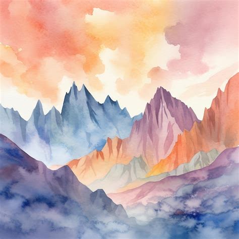 Premium Photo | A watercolor painting of mountains with a blue sky and clouds.