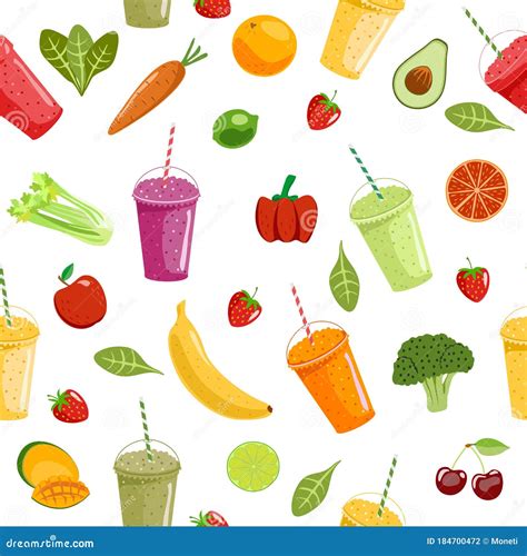 Smoothies And Fruits Seamless Pattern Cute Summer Seamless Vector