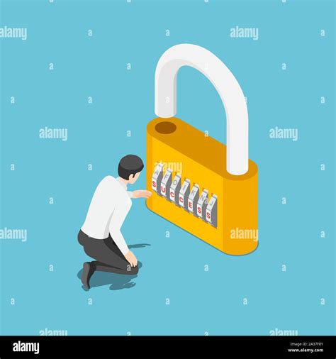 Flat D Isometric Businessman Unlock The Lock By Success Code Business