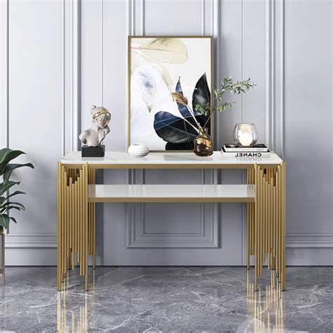 1200mm Modern White Faux Marble Narrow Console Table With Storage Shelf And 4 Gold Legs Homary Au