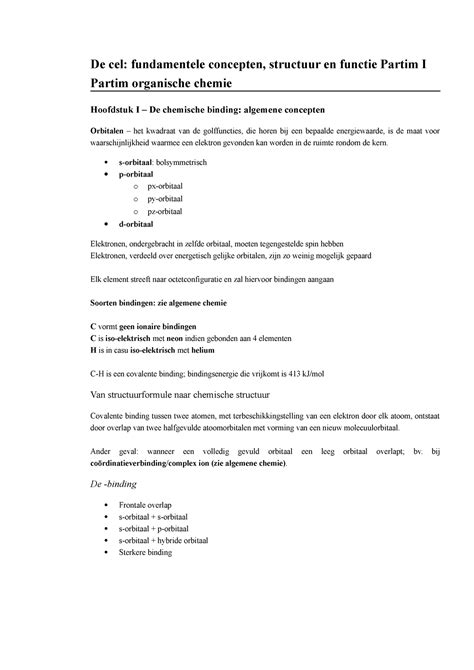 Organische Chemie Samenvatting Cel De Cel Fundamentele