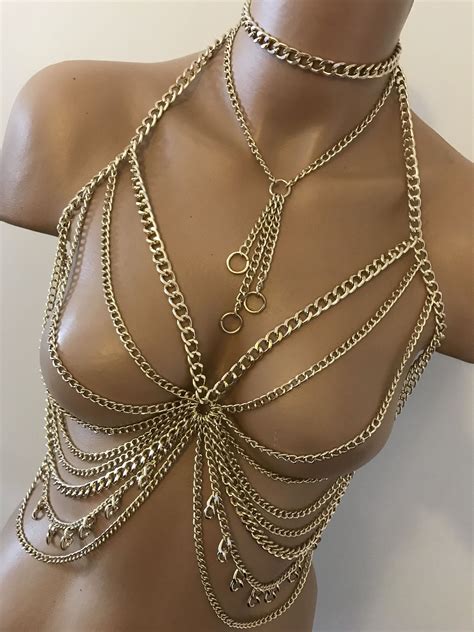 Silver Or Gold Bralette And Necklace Bodychain Silver Body Etsy Body Chain Gold Bralette