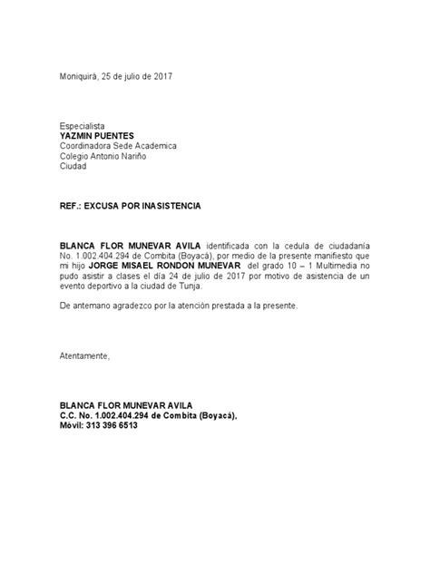 Formato Excusa Por Inasistencia Pdf