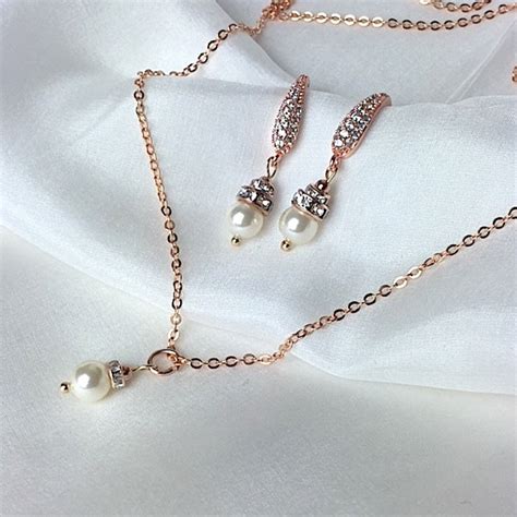 Rose Gold Pearl Bridal Jewelry Set Necklace Earrings Set Etsy