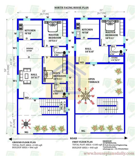 North Facing House Vastu Plan | 22x50 Ghar Ka Naksha | Houseplans.world