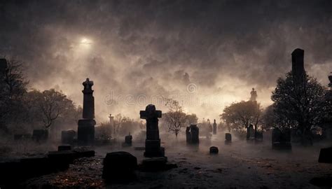 Illustration Of Old Cemetery With Fog On Halloween Night Stock Image