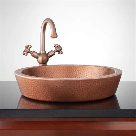 Semi Recessed Copper Sink Hammered Antique Copper Patina Bathroom