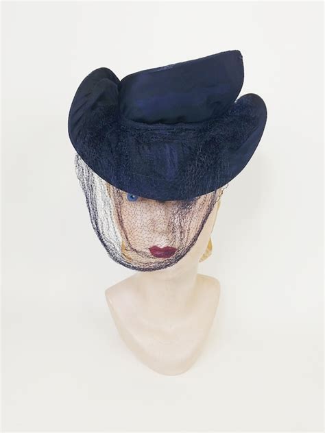 S Navy Blue Suitor Tilt Hat Vintage S Veiled Gem